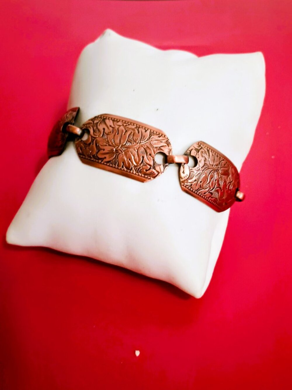 Vintage Floral Copper Link Bracelet 7" Large Rectangle Etched Panel Jewelry